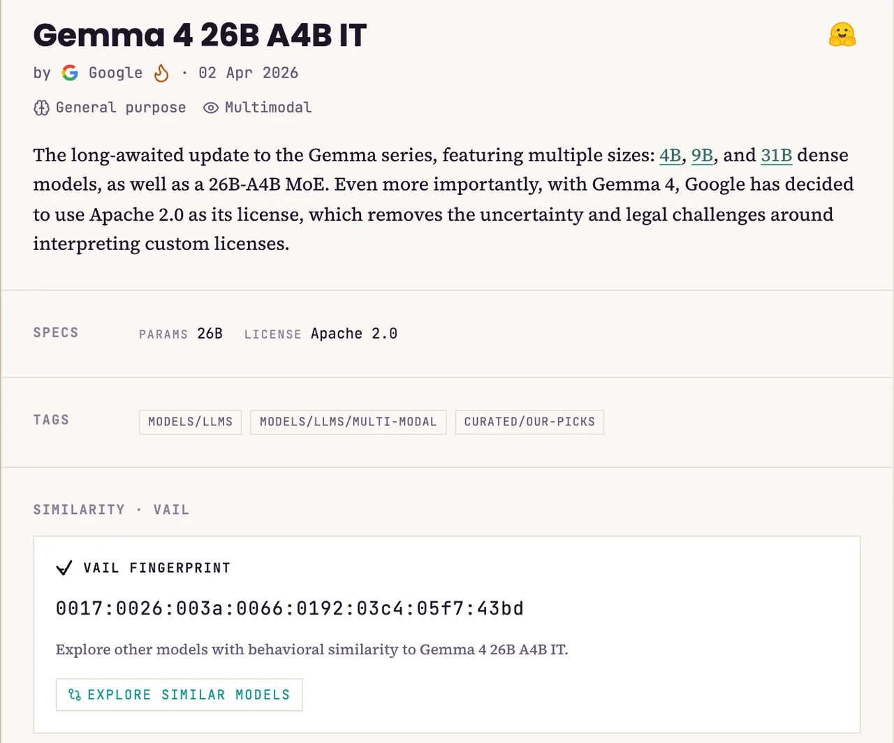 Artifacts Hub page for Gemma 4 26B A4B IT, with a VAIL fingerprint panel under Similarity